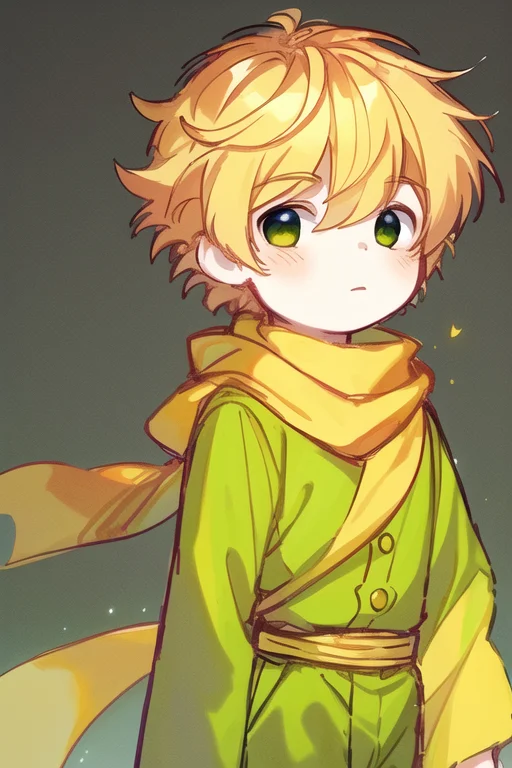 {{masterpiece}},best quality,illustration,1 male kid,prince,rose,floating short hair,yellow hair,long yellow scarf,green clothes,rose,closeup,chibi