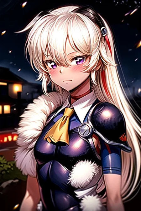 best quality 1girl Setsun4 solo long hair, (night time) forest background black hair very long hair purple eyes multicolored hair armor, small, (fur trim) (medium body),<lora:EMS-179-EMS:0.800000>,<lora:EMS-293862-EMS:0.800000> bow, hair_bow, hair_tubes, red_bow, brown_hair, long_hair, bangs, ascot, frilled_bow, yellow_ascot, blush, smile, hair_between_eyes, athletic, armor, miko, strengthmda, Smiling, happy, helmet