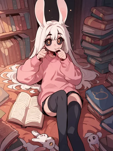 source_anime, score_9, score_8_up, score_7_up, score_6_up, score_5_up, pink sweater, open book, rabbit girl, rubbing eyes, black sclera, thighhighs, <lora:D4lm4uXLP:1> d4lm4u