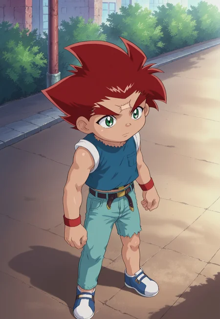 score_9, score_7_up, source_anime
DaichiSumeragi, 1boy, male focus, male child, solo, green eyes, red hair, spiked hair, scar, scar on forehead, shirt, blue shirt, sleeves rolled up, wristband, belt, denim, asymmetrical pants,
outdoor,