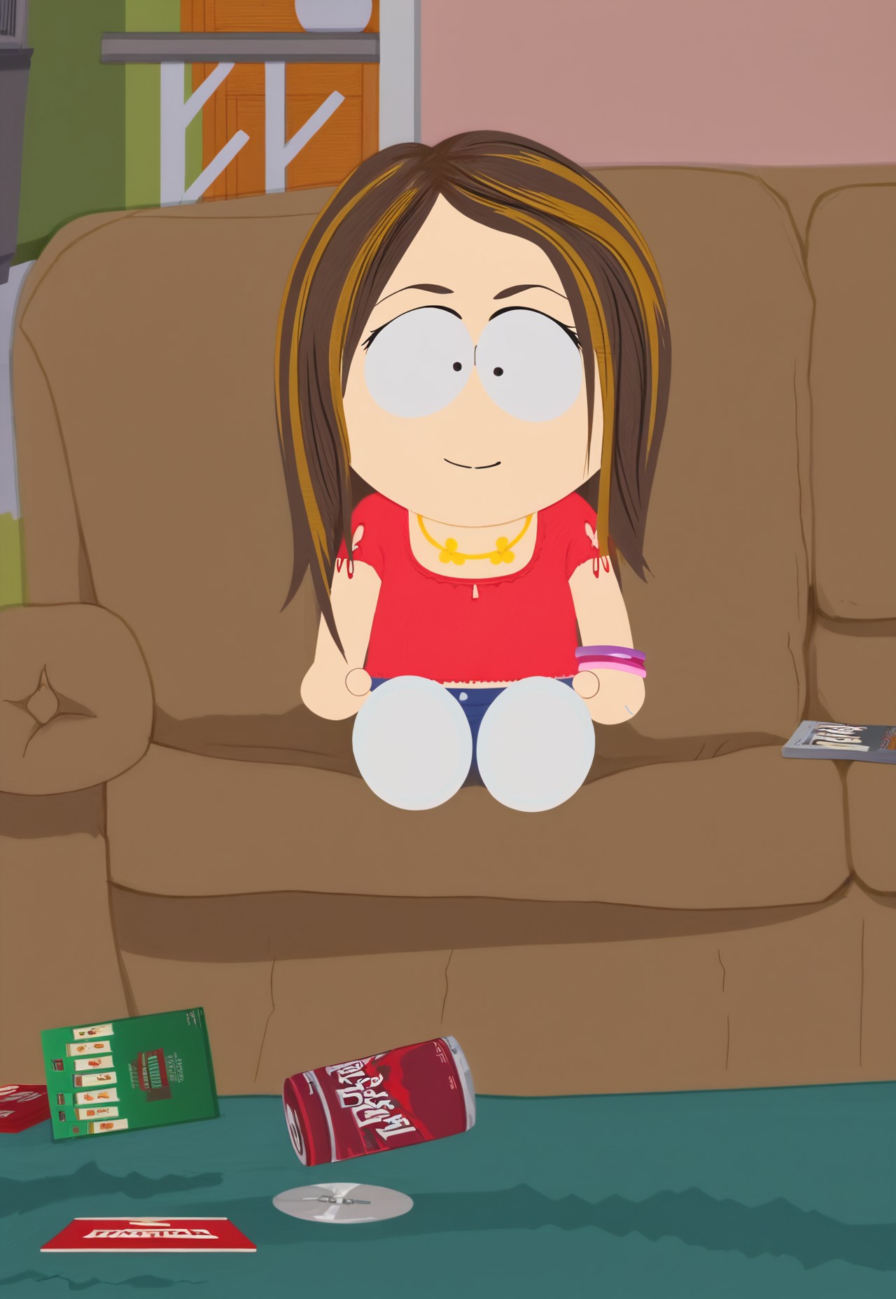 score_9, score_8_up, score_7_up, ((best quality, masterpiece, hi res, perfect hands, perfect eyes, perfect skin, perfect foot, focus face)), Tammy Warner from south park, 1girl, long streaked brown hair with blonde highlights, black dot eyes, black mascara,
red shirt, blue denim shorts, golden heart necklace, pink and purple bracelet. wears dark blue shoes, white socks with light blue stripes,
(sexy pose),
seductive smile,
sitting on a couch, cans