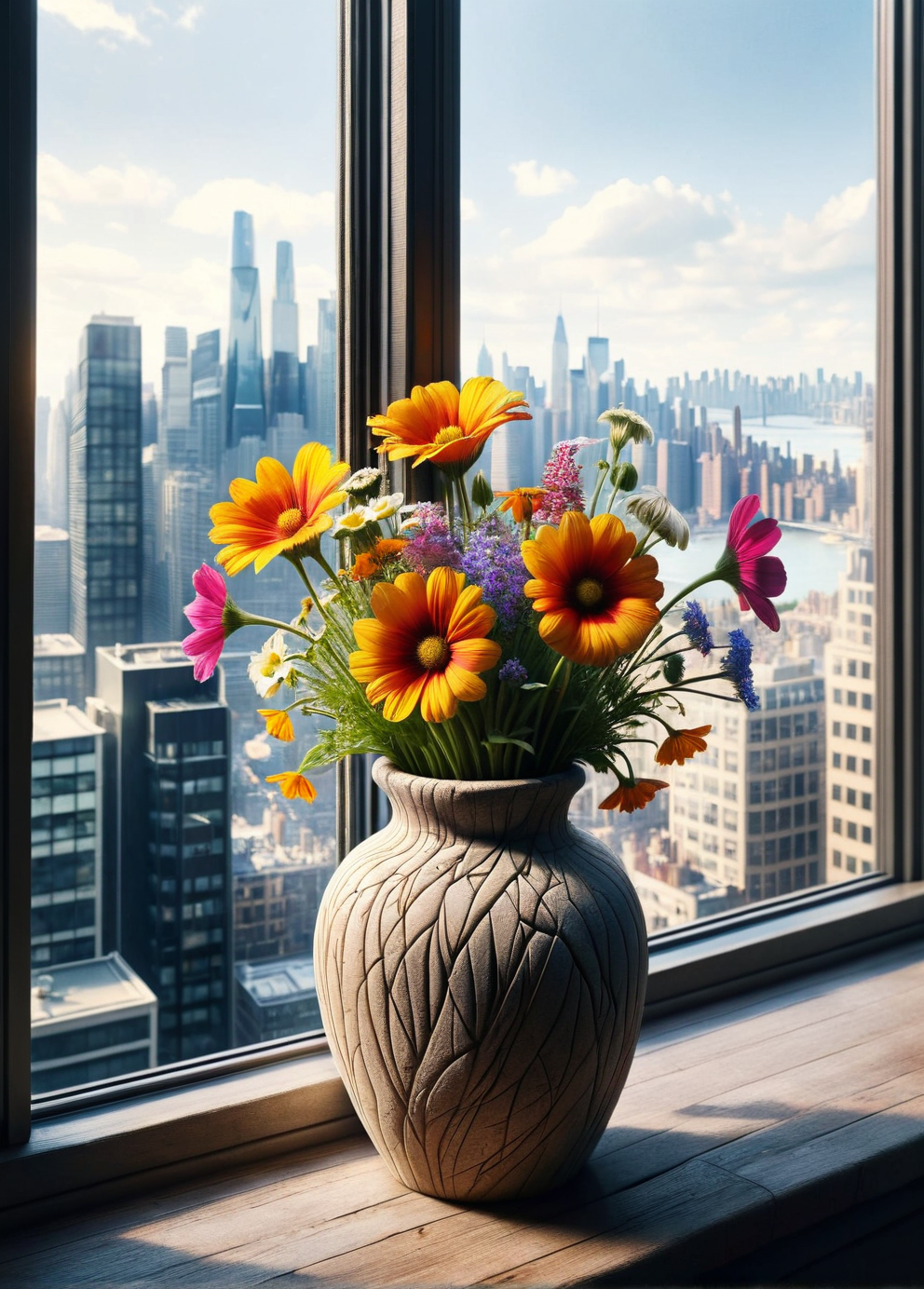 A delicate ais-rghhwn vase filled with wildflowers, set upon a windowsill with the bustling streets of a cityscape beyond <lora:ais-rghhwn-sdxl:1>