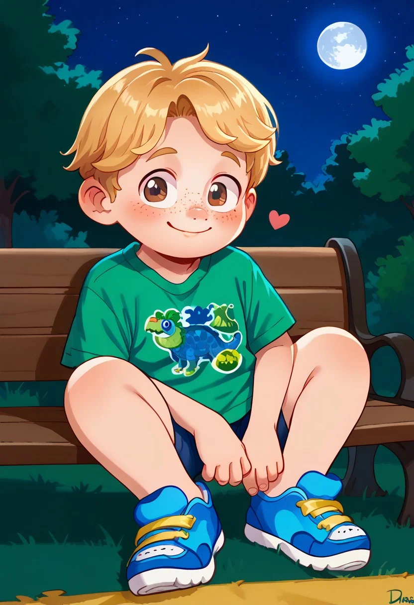 score_9, score_8_up, score_7_up, highly detailed, CuteCartoonStyle, cute boy, 1boy, solo, Aaron Mitchell, fair skin, shaggy, blonde hair, brown eyes, freckles. green t-shirt, dinosaurs shirt, blue and yellow strap sneakers, at night, full moon, sitted, bench, embarassed smile, half closed eyes, floating hearts, blushing, park,
DSCStyle, round eyes, exaggerated proportions, cartoonish features, anime-inspired, cute aesthetics, cartoonish proportions, highlights,smooth lines, glossy highlights, minimal detail, clean outlines, consistent line weight, gentle highlights