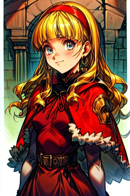 (best quality) , (highly detailed) ,masterpiece ,absurdres ,detailed face ,beautiful face ,(detailed eyes, deep eyes, anime eyes) ,1girl , solo, upper body, slight smile, small breasts
 CatherineDigimon, 1girl, solo, long hair, blonde hair, long sleeves, red dress, red hairband, blunt bangs, fur trim, redcapelet, drill hair, blue eyes, green ribbon, fur-trimmed capelet, headband, jewelry, belt, cape, hoop earrings, blue skirt, brown shoes, Cape, Smile, Happy,