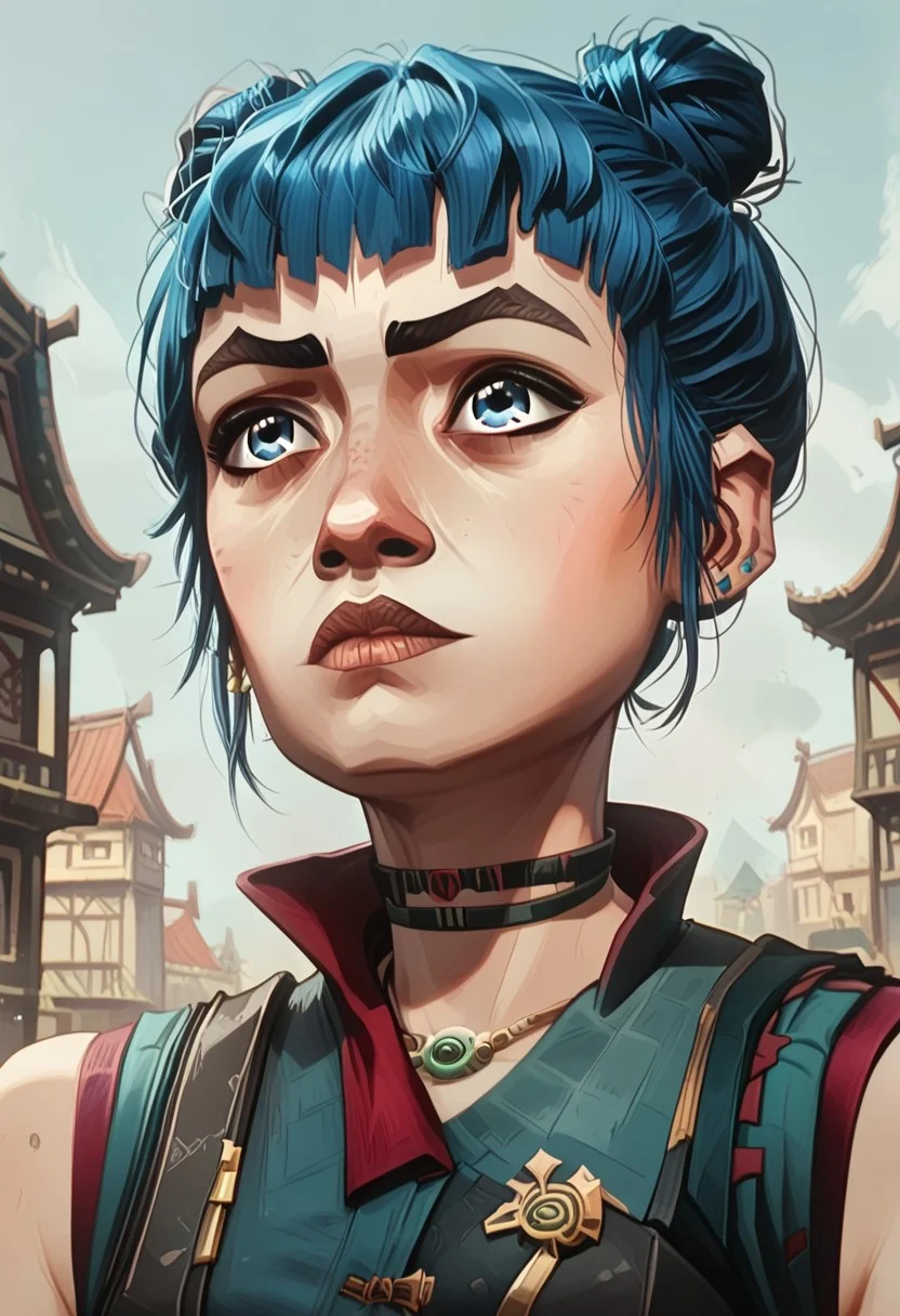 score_9, score_8_up, score_8_up, solo focus, solo, female focus, ArcaneEyesV1,
BREAK 1girl, PowderAltOutfit1, bangs, blue hair, blue eyes, earrings, choker, bare shoulders, hair buns, short hair,