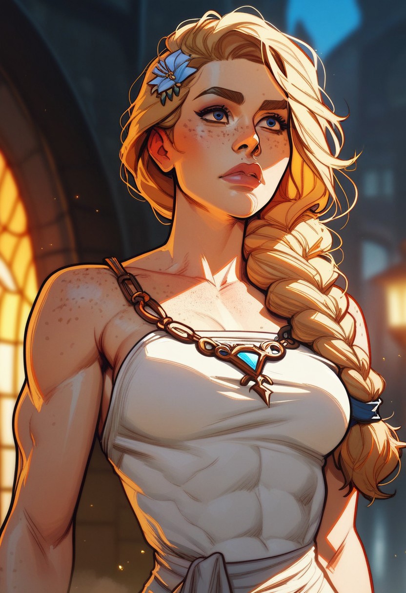 score_9, score_8_up, score_8, score_7_up, score_7, score_6_up, score_6, score_5_up, Score_5,blonde hair, braided ponytail, greek clothes, hair flower, white dress, (soft abs, slim fit, toned, biceps, freckles:1.4), , vox machine style, 1girl, female focus, solo, close up portrait, fantasy, medieval city background, (dynamic lighting:1.1) ((masterpiece))
Hide