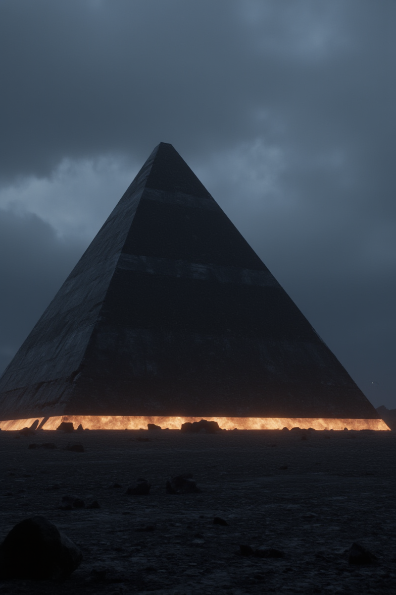 3DGame,The image features a massive pyramid situated in a barren,rocky landscape. The pyramid,appearing ancient and weathered,dominates the scene with its imposing size and sharp,geometric lines. Its surface is a dark,almost black hue,contrasting with the lighter,grayish ground that surrounds it. The sky above is overcast with heavy clouds,casting a gloomy light over the entire scene.,
At the base of the pyramid,there is a glowing,horizontal line that emits a warm,orange light,suggesting an entrance or opening. This line of light cuts across the pyramid's base,providing a stark contrast to the otherwise cold and monochromatic color scheme. The ground is uneven,with scattered rocks and boulders,and there are no visible signs of vegetation or life.,
The overall atmosphere of the image is one of mystery and desolation,with the pyramid standing as a solitary monument in an otherwise desolate environment. The lighting and the pyramid's design evoke a sense of otherworldliness,as if the structure is not of this world or time.,