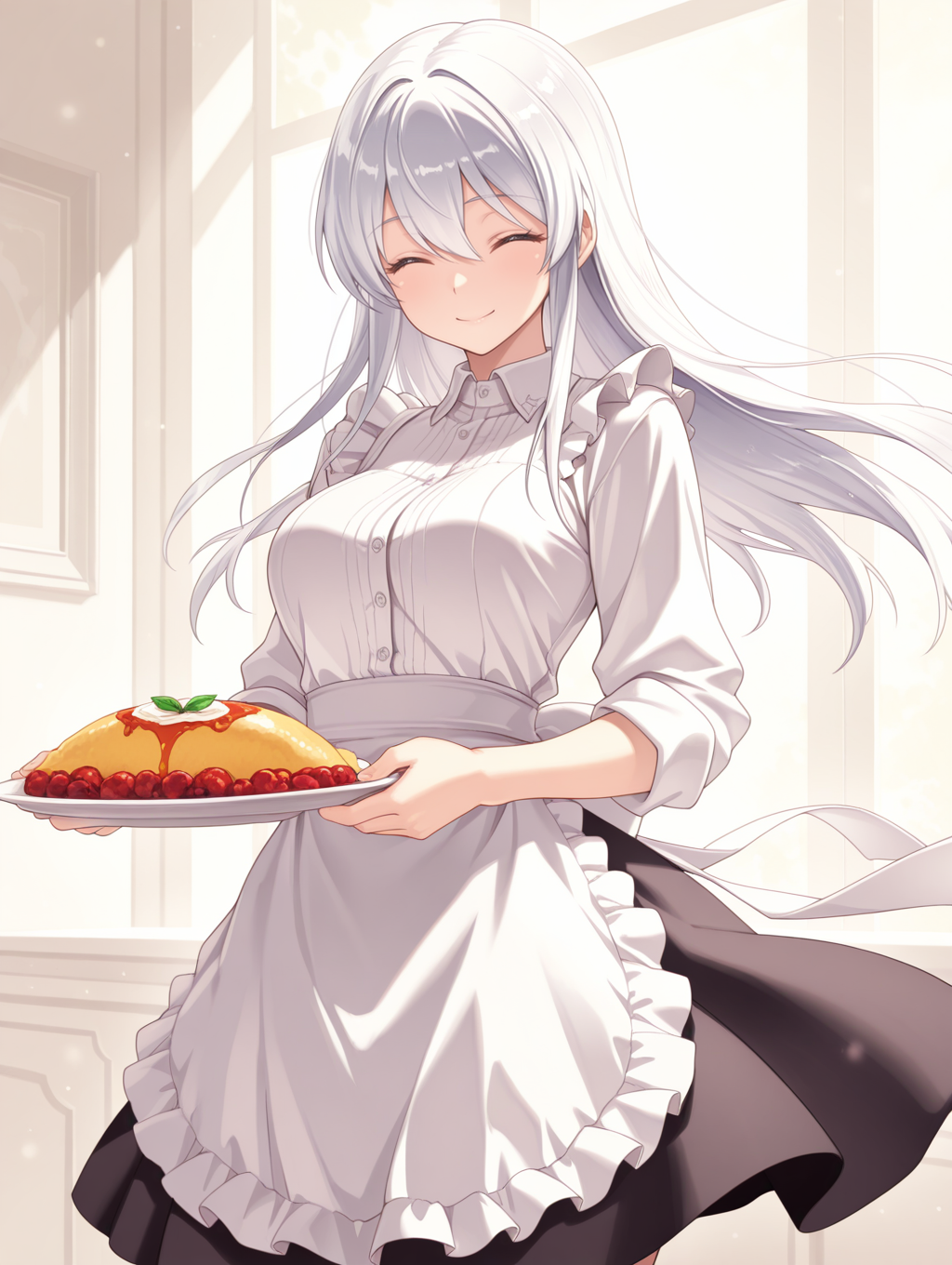 edelweiss,1girl,solo,smile,closed eyes,floating hair,standing,hair between eyes,shiny hair,closed mouth,shiny,cowboy shot,holding plate,food,white hair,valkyrie,white dress shirt,black skirt, frilled apron, 
masterpiece,best quality,amazing quality,very aesthetic,absurdres,newest,<lora:Edelweiss illuXL v1:0.75>,
