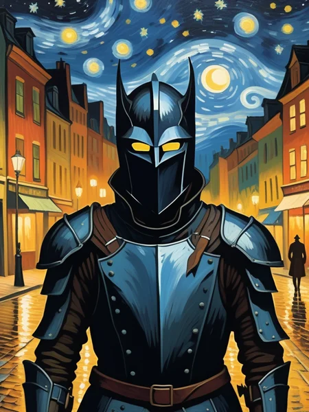 <lora:NatureLandscapePainting01_Hap_XL:1>,an oil painting of a fantasy evil knight silhouette on the street, style of van gogh, starry night vibes, expressionism, gloomy, dark tones, unforgettable, dark fantasy, fantasy, emotional depth. (vibrant masterpiece, (8k1.5), UHD, very detailed, high-quality, best artist, sharp edges, detailed textures, full view, atmospheric lighting, stunning visuals, eyes, inspired by Isaac Grünewald, anime nature wallpap, in