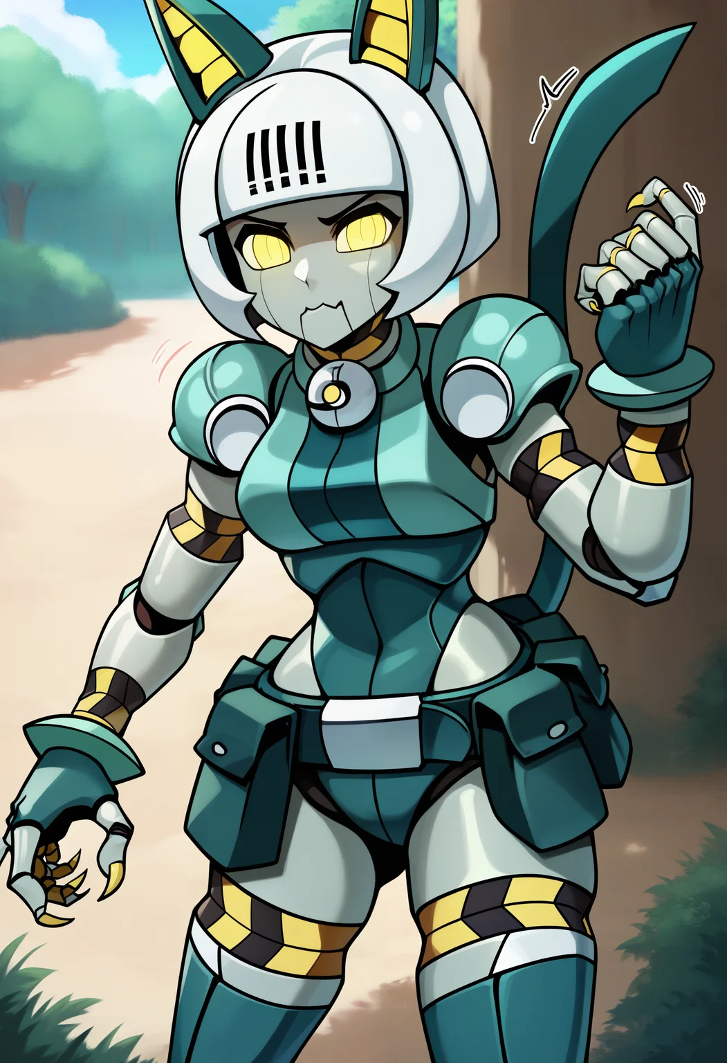 score_9, robo-fortune, 1girl, solo, yellow eyes, no humans, android, robot, robot joints, joints, humanoid robot, colored skin, bell, bob cut, short hair, white hair, tail, cat ears, pouch, claws, belt pouch, looking at viewer, medium breasts, outdoors, motion lines, anger_vein, punching <lora:Miss-robo-Fortune:0.8>