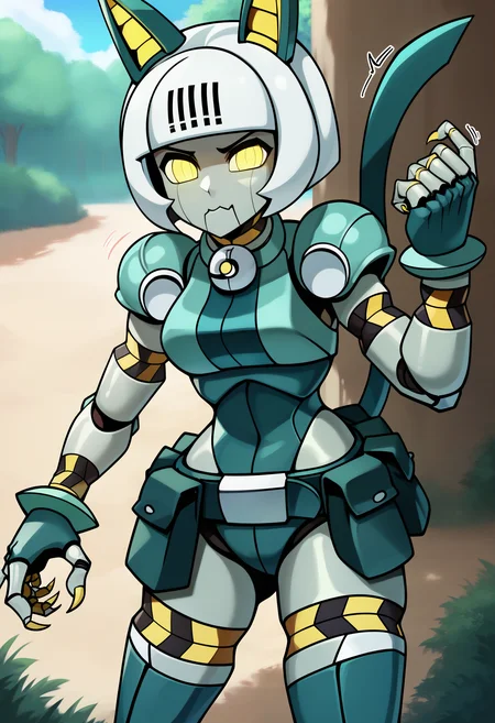 score_9, robo-fortune, 1girl, solo, yellow eyes, no humans, android, robot, robot joints, joints, humanoid robot, colored skin, bell, bob cut, short hair, white hair, tail, cat ears, pouch, claws, belt pouch, looking at viewer, medium breasts, outdoors, motion lines, anger_vein, punching <lora:Miss-robo-Fortune:0.8>