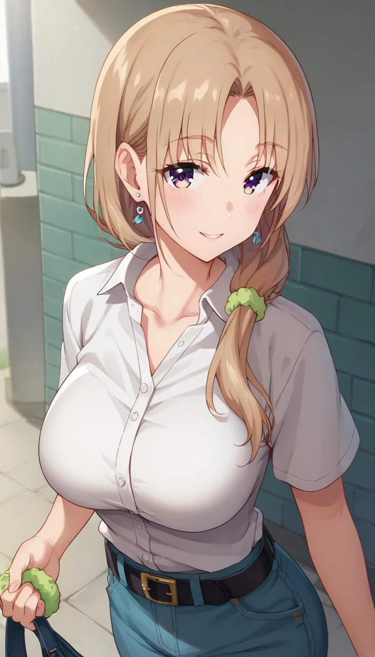 score_9,score_8_up,score_7_up,score_6_up BREAK official art,solo,outdoors,upper body,(portrait:1.5),looking at viewer,facing viewer,smile,blush,Ayase Akiko,long hair,light brown hair,shiny hair,low ponytail,hair over shoulder,hair scrunchie,green scrunchie,earrings,parted bangs,purple eyes,white shirt,collared shirt,large breasts,skindentation,shirt tucked in,black belt,denim shorts,short shorts,zettai ryouiki,black thighhighs,loafers,<lora:Ayase Akiko(gs)-Pony:1.4>,