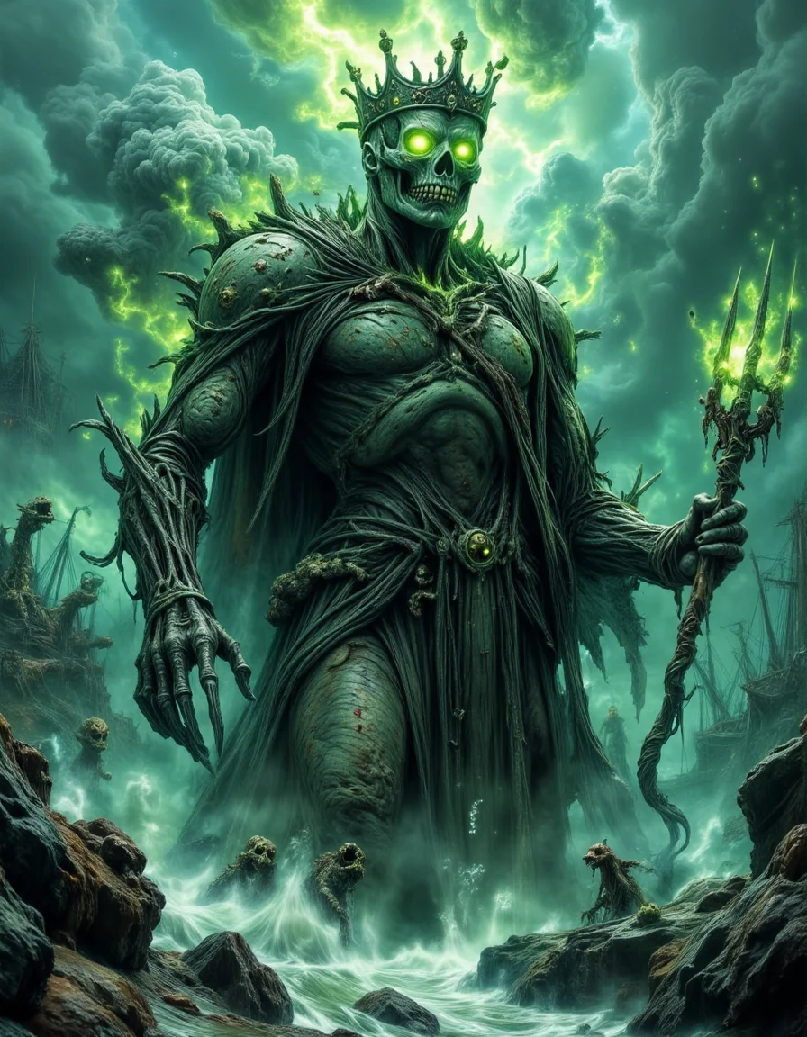 The Drowned Kingâs Awakening A massive skeletal figure, clad in barnacle-encrusted armor, rises from the ocean depths, his empty sockets glowing with eerie green fire. His corroded crown, still clinging to his skull, bears the weight of forgotten rulership. Around him, wreckage from countless ships floats in the churning sea, their tattered sails whispering of lost ages. His rusted trident, dripping with spectral energy, crackles with the power of the deep, calling forth an army of rotting drowned warriors from beneath the waves. The storm above rumbles with ghostly voices, as if the sea itself welcomes its lost king home. The atmosphere is mythical, eerie, and commanding, depicting the return of a ruler whose throne is the abyss itself.
<lora:dark-fantasy-flux:1>