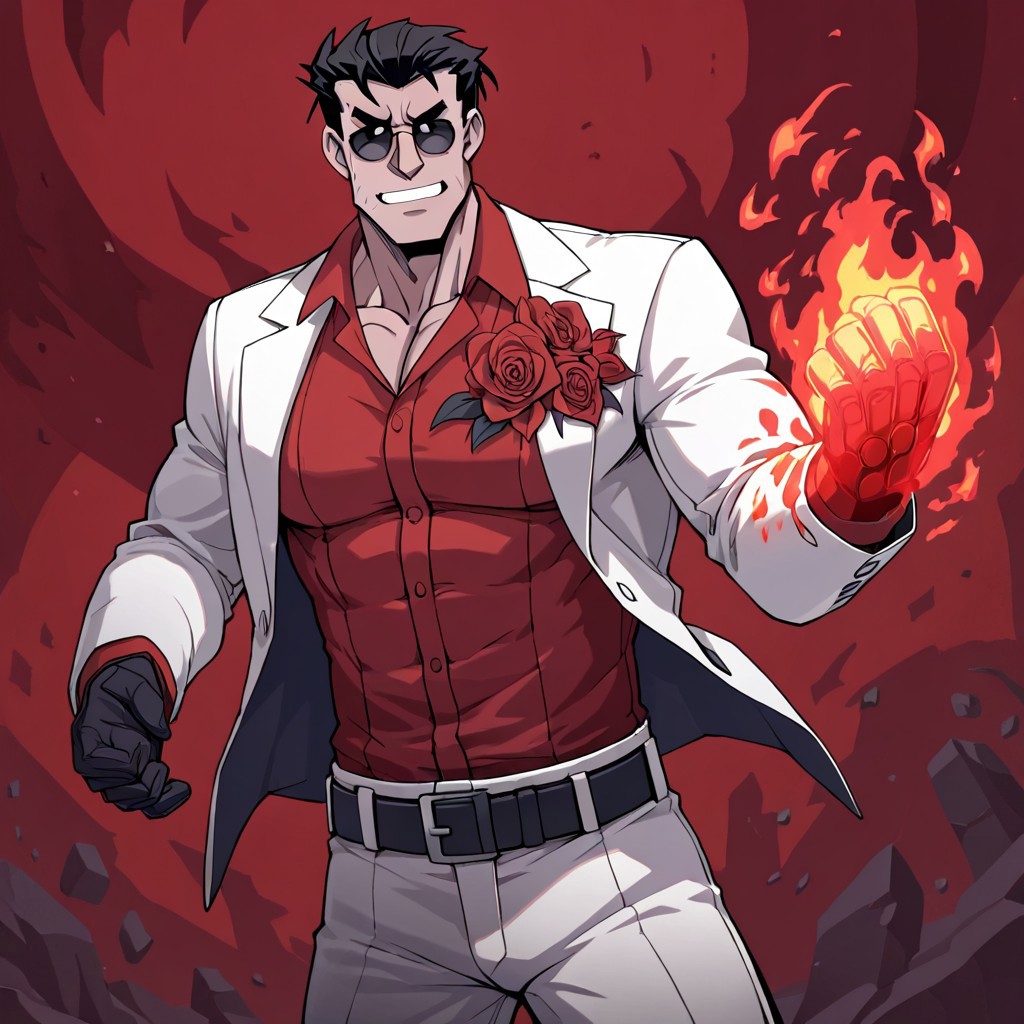 masterpiece, best quality, newest, absurdres, highres, FFILV1.0, flaming hand, flame, fire, 1boy, helltaker (helltaker), black hair, short hair, muscular, muscular male,
sunglasses, glasses, 
white jacket, white pants, black belt, red shirt, formal clothes, flower in clothes, open jacket