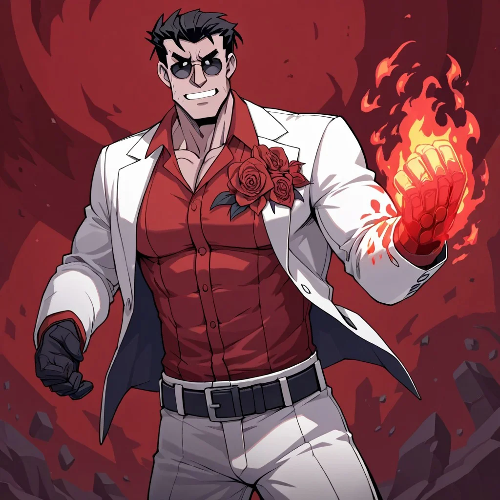 masterpiece, best quality, newest, absurdres, highres, FFILV1.0, flaming hand, flame, fire, 1boy, helltaker (helltaker), black hair, short hair, muscular, muscular male,
sunglasses, glasses,
white jacket, white pants, black belt, red shirt, formal clothes, flower in clothes, open jacket