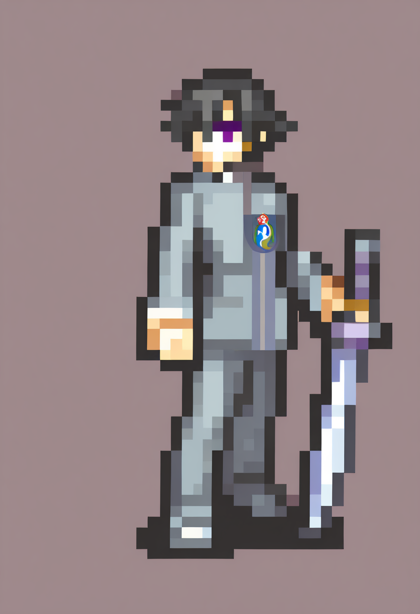 masterpiece, best quality, solo, 1boy,  <lora:FEGBA-Sprites-illus_Fp:1>, simple background, pixel art, full body, <lora:Naoya-illus_Fp:1>, naoyap1, black hair, purple eyes, school uniform, emblem, grey pants, holding sword,