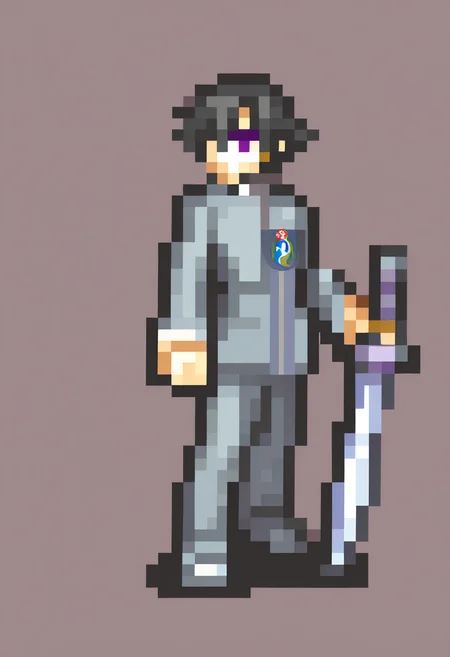 masterpiece, best quality, solo, 1boy,  <lora:FEGBA-Sprites-illus_Fp:1>, simple background, pixel art, full body, <lora:Naoya-illus_Fp:1>, naoyap1, black hair, purple eyes, school uniform, emblem, grey pants, holding sword,