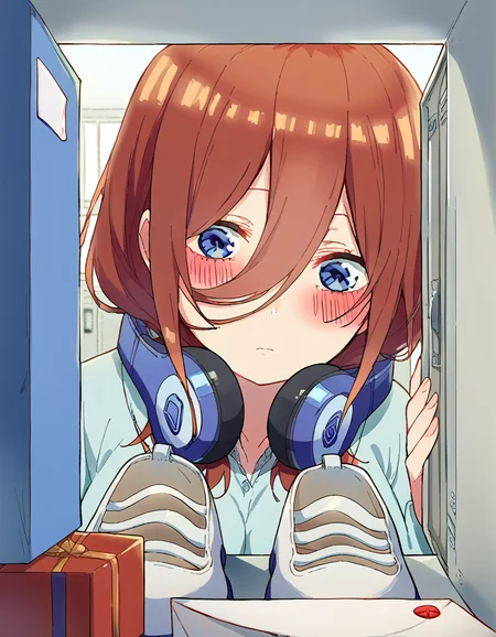 score_9, score_8_up, score_7_up, source_anime, <lora:miku-nakano-s2-ponyxl-lora-nochekaiser:1>, miku nakano, long hair, bangs, blue eyes, brown hair, hair between eyes, headphones, headphones around neck, large breasts,, <lora:shoe-locker-pov-ponyxl-lora-nochekaiser:1> shoe locker pov, locker, letter, school, gift box, unworn shoes, blush,, ,