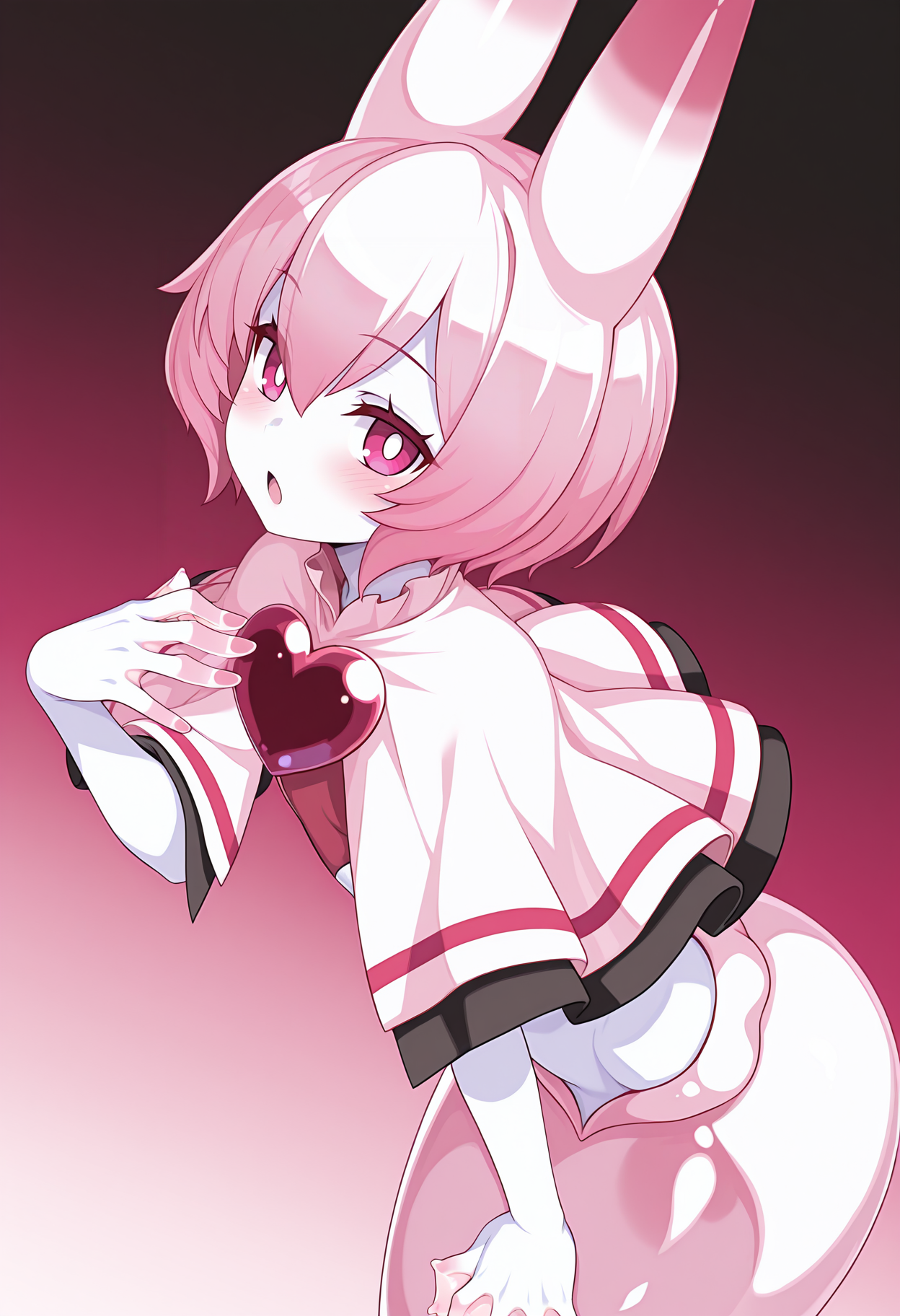 highres, best quality, masterpiece, gradient background, 
1girl, solo, msdd2ssgl, monster girl, colored skin, white skin, pink skin, animal ears, pink hair, short hair, white pupils, pink eyes,
capelet, heart brooch, two-sided fabric, webbed hands,
blush, looking at viewer,
leaning forward, open mouth, dutch angle, hand on own chest, from side,
<lora:_sea_angel_disgaea_d2-elesico-ilxlA:1>