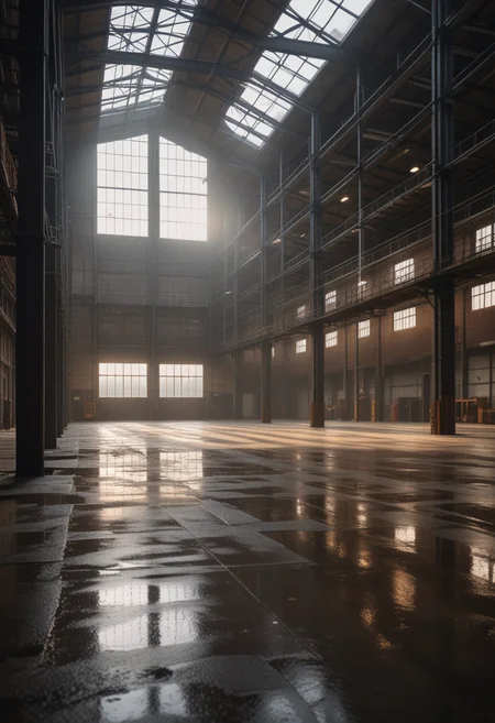 (medium full shot) of inside a quiet deserted industrial warehouse, rainy, natural light filtering in, creaking floors, at dawn, Masterpiece,best quality, photo, realistic, very aesthetic
