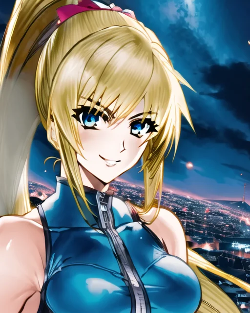 masterpiece, best quality, 1girl, solo, thegoldensmurf-8100, (samus aran), (blonde hair), (blue eyes), ((portrait)), perfect face, ((cityscape)), ((zero suit)), ponytail, bright colours, ((((night)))), street fighter, upper body, ((small breasts)), epic, ((realistic))