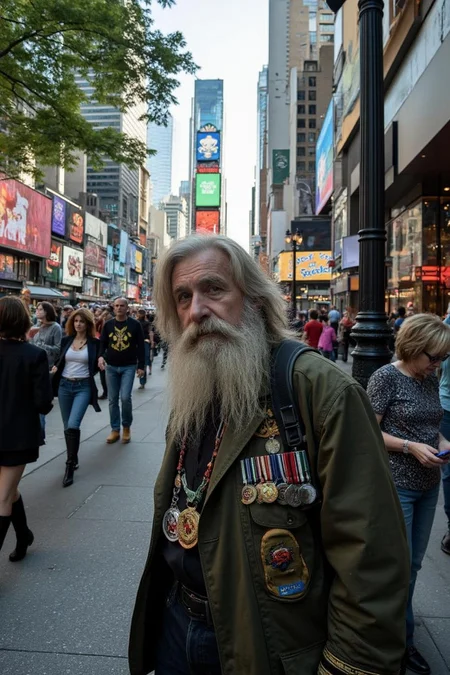 <lora:y2k_aesthetic.safetensors:1> Dappled sunlight through trees, The atmosphere is distinctly metropolitan, Auto white balance of early 2000s, Premium digital capture
In the heart of a vibrant city, an elderly man with a weathered face stands in a bustling street scene. His silver hair and long, thick gray beard add a sage-like aura, perfectly complementing his military-style green jacket adorned with various medals and patches. The soft, ambient light from the city's neon signs casts a warm glow on his distinguished features, creating a stark contrast with the dynamic, urban backdrop.
Behind him, towering skyscrapers reach into the sky, their glass facades reflecting the colorful lights of the city. Street art adorns the walls, with vibrant murals and graffiti adding a lively touch to the urban landscape. Neon signs in bright red, blue, and green flicker and buzz, advertising local businesses and cultural events. The air is filled with the sounds of chatter and the occasional distant beat of music from a nearby street performer.
Around him, a diverse crowd of people moves with purpose, each one a part of the city's vibrant tapestry. A young woman in a stylish blazer and knee-high boots hurries past, her headphones in and a determined look on her face. A middle-aged man in a casual T-shirt and jeans leans against a lamppost, scrolling through his phone. An older couple, hand in hand, walks leisurely, enjoying the evening air and the energy of the city.
The scene is a perfect blend of vintage and modern, with the elderly man's presence adding a touch of history and resilience. This image captures the essence of a life full of stories, now set against the backdrop of a city that never sleeps, where every moment is a new beginning.