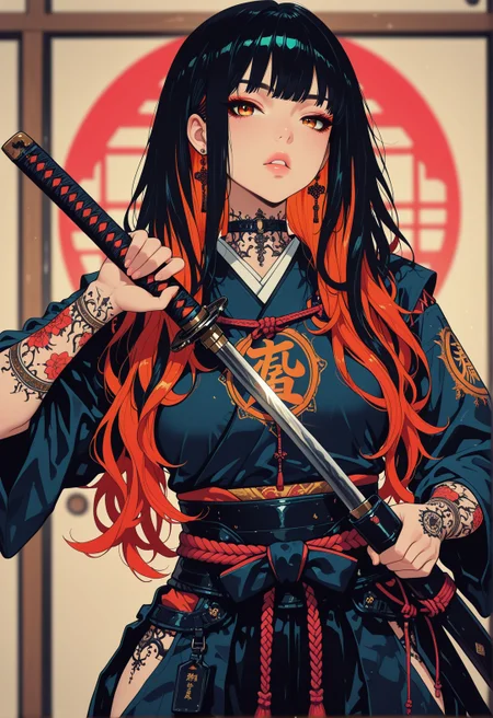 <lora:ck-shadow-circuit-IL:0.65>, 
masterpiece, best quality, good quality, very aesthetic, absurdres, newest, 8K, depth of field, focused subject, 
 sexy, erotic japanese female warrior, neon hair, looking at viewer, parted lips, cross_draw, katana, sword_draw, iaido, one_hand_on_sheath, unsheathing, dramatic pose, traditional japanese art style, wabi-sabi, henna and carmine, vibrant,
 <lora:MoriiMee_Gothic_Niji_Style_Illustrious_r1:0.50> 
<lora:ck-nc-cyberpunk-IL-000011:0.7>
 <lora:ck-neon-retrowave-IL:0.2>