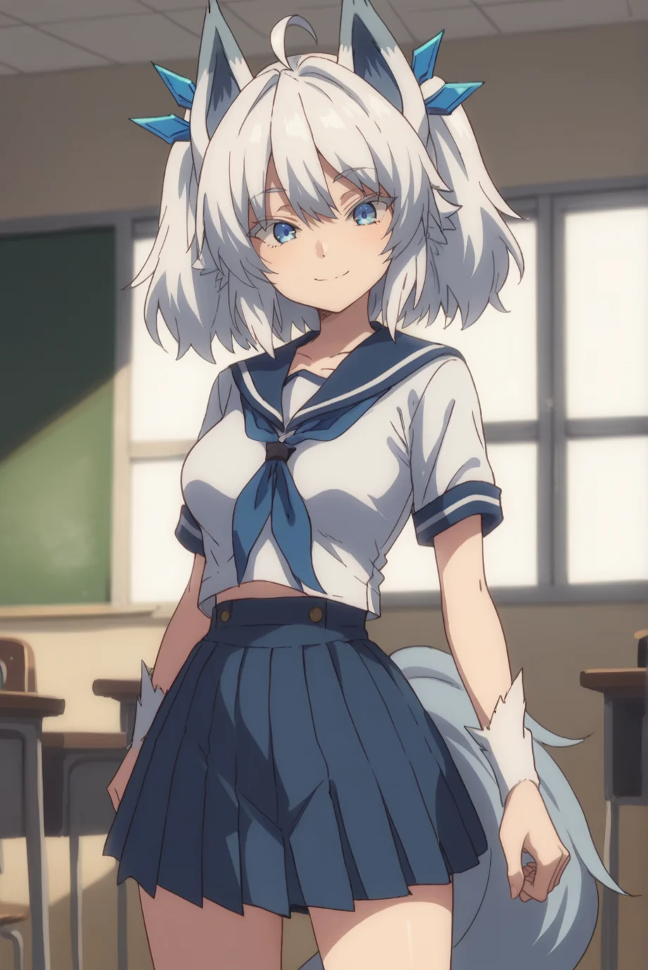 score_9, score_8_up, score_7_up, score_6_up, score_5_up, score_4_up, BREAK source_anime, 1girl,
<lora:RedoSetsunaXL-v2-07:0.7>, ChopioSetsuna, white hair, blue eyes,
medium breasts, wolf girl, wolf ears, arm fur, wolf tail, narrow waist, petite,
medium hair, twintails, hair ornament, ahoge,
white serafuku, blue sailor collar, white shirt, blue neckerchief, blue skirt, pleated skirt,
classroom, standing, smile, seductive pose,