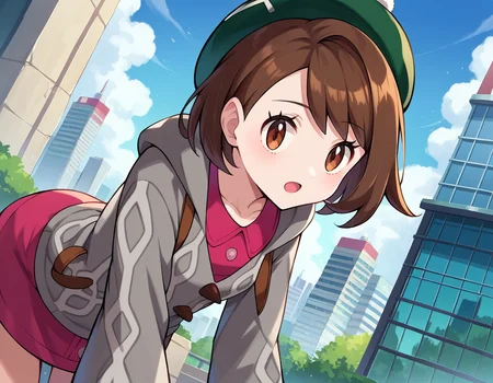 score_9, score_8_up, score_7_up, source_anime,
pokemongloria, <lora:pokemon-gloria-ponyxl-lora-nochekaiser:1>
pokemongloria, brown eyes, brown hair, medium hair,
cardigan, dress, green headwear, grey cardigan, hood, hood down, hooded cardigan, long sleeves, pink dress, short dress,
outdoors, cityscape, bent over,
looking at viewer, cowboy shot, dutch angle,