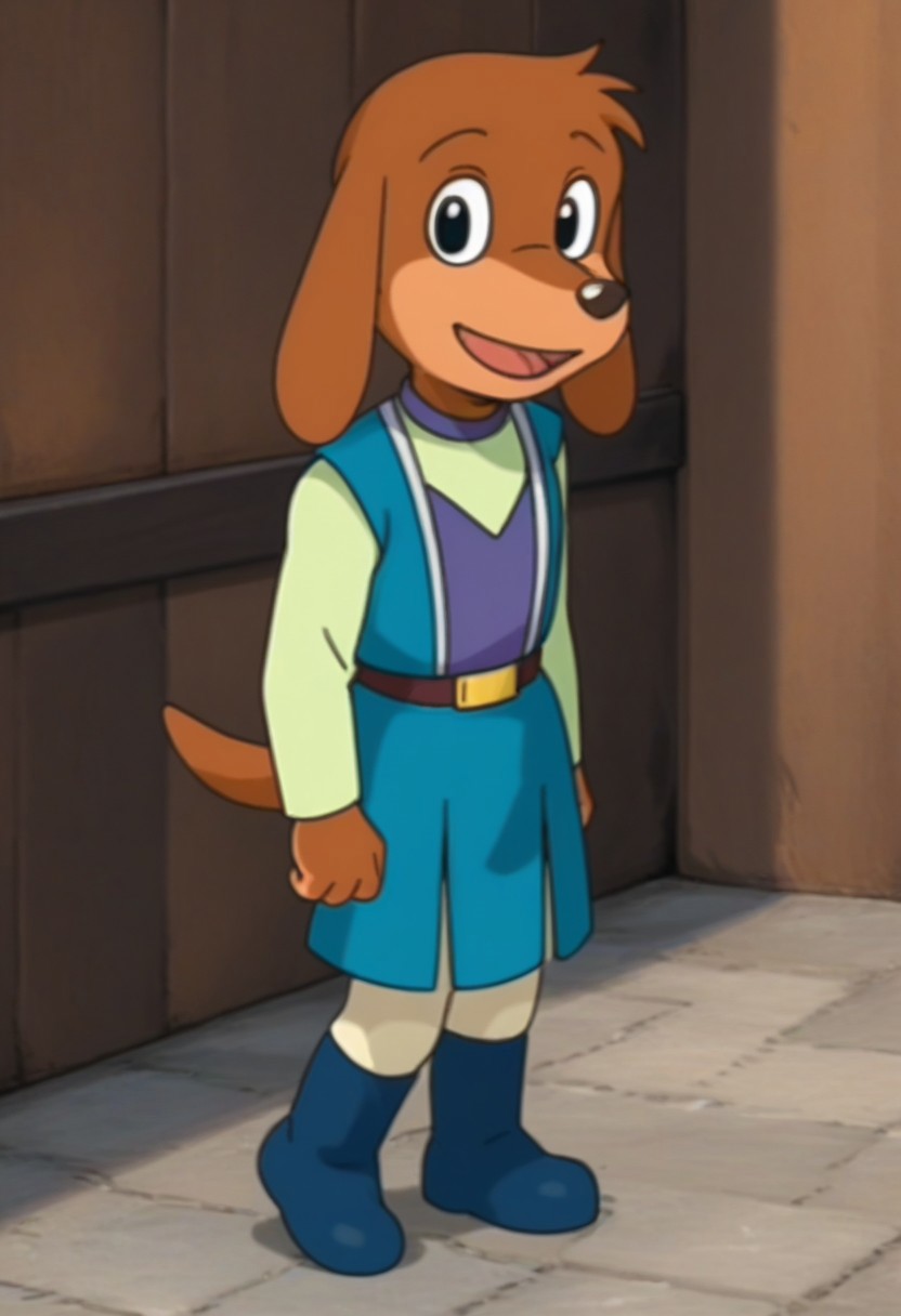 looking at viewer, body fur, dog, dog boy, furry, 1boy, solo, furry male, male focus, brown hair, animal ears, dog ears, black eyes, animal nose, shirt, vest, long sleeves, belt, tail, dog tail, boots, blue footwear, full body, open mouth, smile, high quality