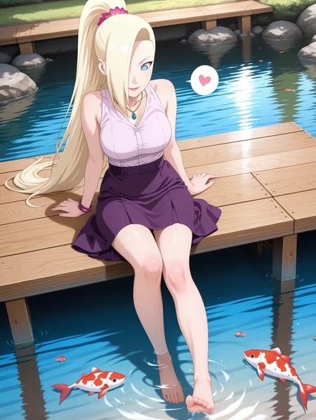 1girl, ino yamanaka, wedding outfit, ponytail, hair flower, smile, spoken heart, heart, hair over one eye, lipstick, pink shirt, purple apron skirt, emerald necklace, purple bracelet, barefoot, feet, refraction, outdoors, water fall, lake, shirt tucked in, sitting, sat on wood dock, looking down, koi fish, submerged feet, from above, full body, candid shot, <lora:ino_yamanaka_ixl_rc1-000006:1>, masterpiece,best quality,amazing quality,