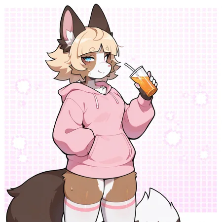 Standing, left corner view, pink hoodie, white thighhighs pink stripped, Sweat, smile, half open eyes, looking at viewer, holding drink, Pixel background,
masterpiece, high resolution, ultra quality, best quality, female 1girl, source_furry, furry, ChiChi, light blue eyes, brown fur, multicoloured fur, blonde hair, brown ears, fox tail, animal tail, fox ears, animal ears, fox nose, animal nose,