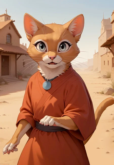 score_9, score_8_up, score_7_up, score_6_up, score_5_up, score_4_up, m0use_maximilla, in the style of Beatrix Potter, (((cat))) cute, (feral:0.5), (orange fur), grey eyes, (red tunic), desert, (village:1.5), upper body shot, (dynamic pose), blue amulet