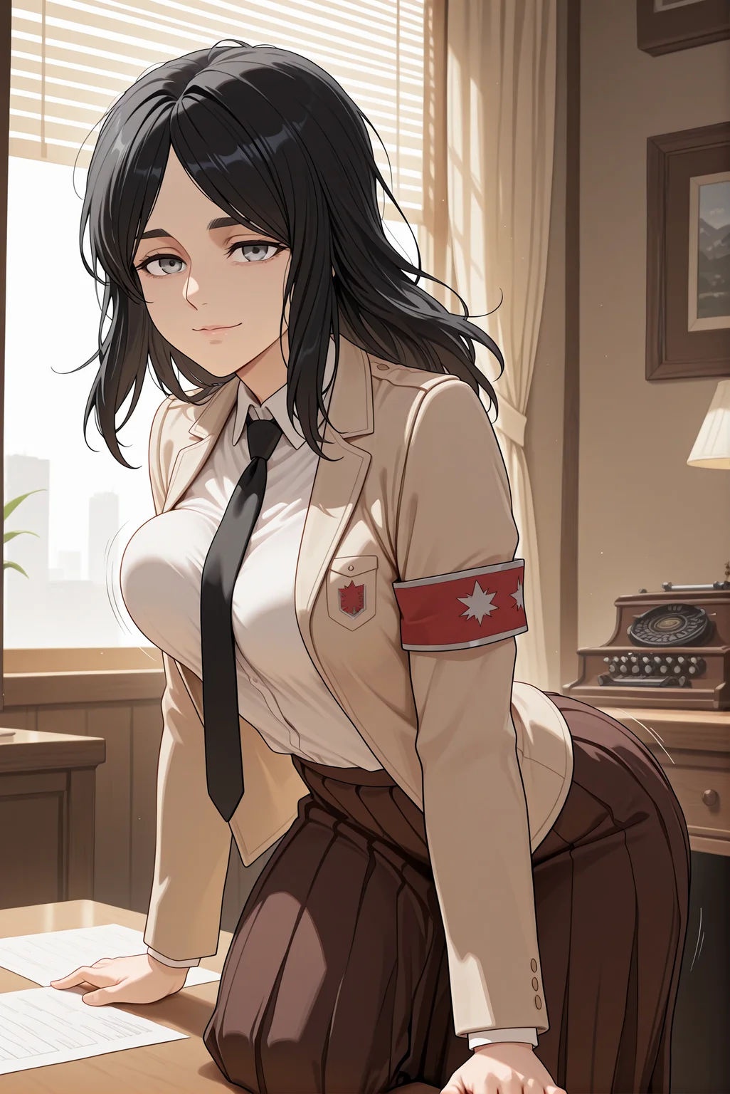 beautiful detailed eyes, masterpiece, best quality, intricate details, absurdres, 1girl, solo,
<lora:P-IL-PieckFinger:1>, p13ck, black hair, long hair, grey eyes, thick eyebrows,
white collared shirt, black necktie, brown pleated skirt, long skirt, jacket, armband,
medium breasts, relaxed breasts, beautiffull lips, light smile, looking at viewer,
on knees, resting, sitting on a desk, one hand raised,
((breasts in motion)), dynamic pose, intense movement, action shot, motion blur, (bouncy:1.3), (bouncing breasts:1.2), tight outfit, dramatic perspective,
sober office, wooden desk, neatly organized papers, vintage typewriter, dim lamplight, dark wood bookshelves, simple window blinds, faint city skyline, calm atmosphere