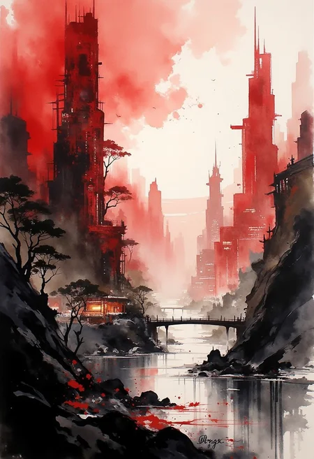 A dinkfsn style ink wash painting, in the style of ck-mgs, inkwash in red and black of an advanced sci-fi cityscape, with gleaming towers and skyscrapers, clear sky