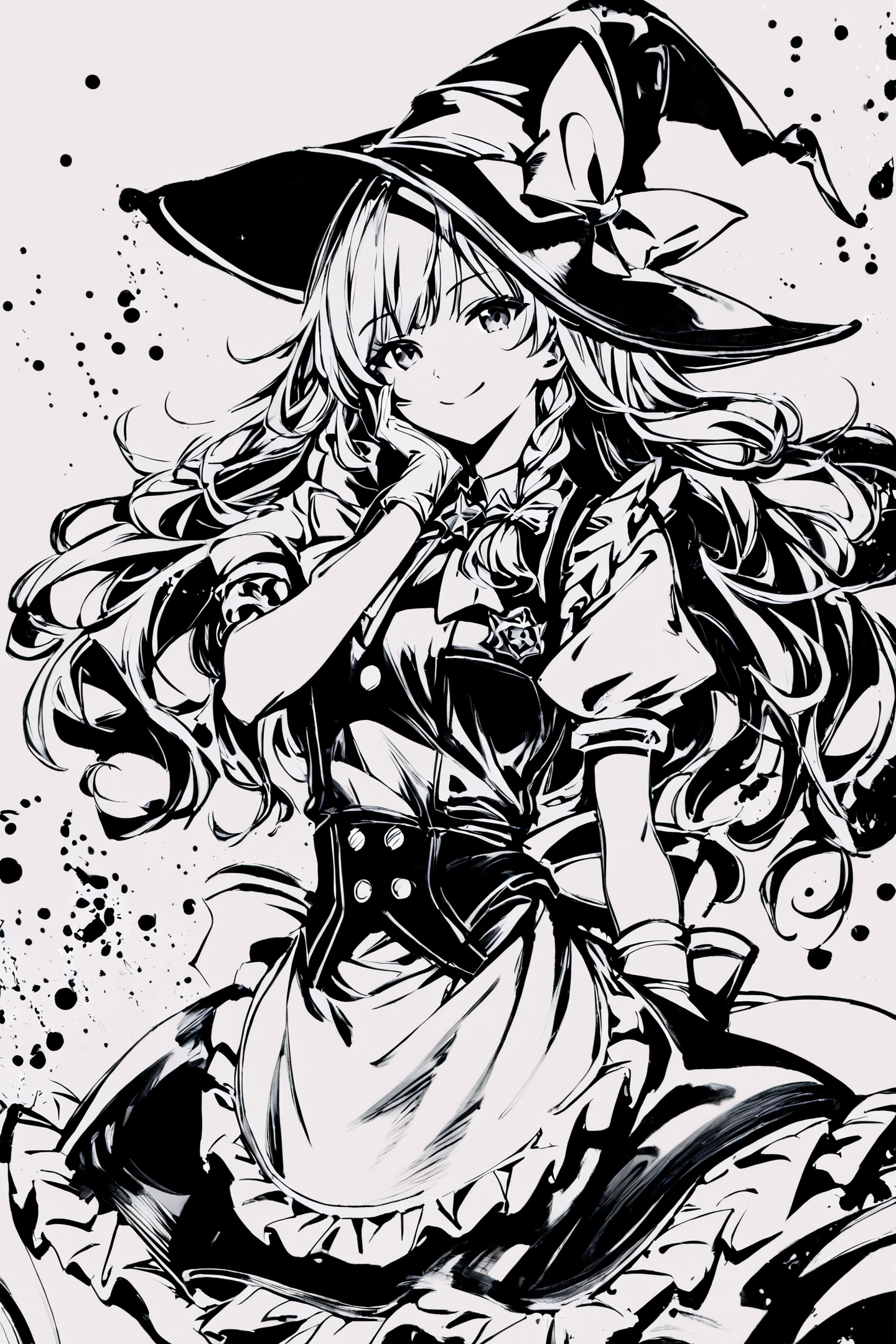 score_9,score_8_up,score_7_up,masterpiece,best quality,
ink \(medium\),monochrome,greyscale,1girl,solo,kirisame marisa,hat,long hair,gloves,braid,witch hat,star (symbol),bow,looking at viewer,short sleeves,single braid,white gloves,puffy sleeves,hat bow,puffy short sleeves,apron,side braid,vest,cowboy shot,black headwear,dress,closed mouth,frills,smile,skirt,adapted costume,waist apron,hair bow,hand on own face,ribbon,bowtie,shirt,
<lora:okazu_XL_PONY:1>,
