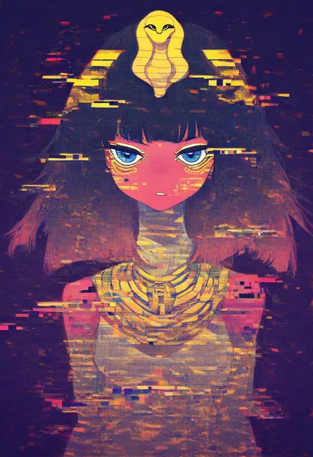 Score_9, score_8, score_7, 1girl, solo, zzEgyptian, Egyptian, 2d, gl1tch, glitch,