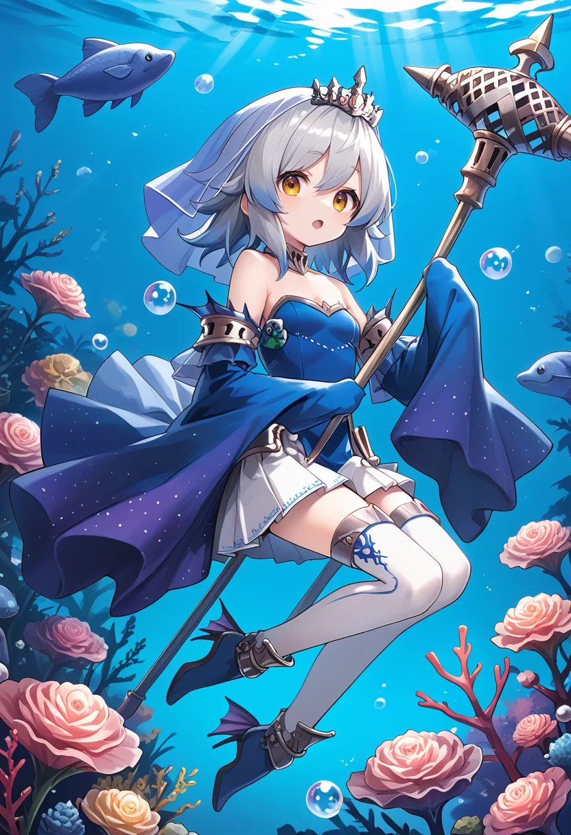 (score_9:0.9),score_8_up,score_7_up,rating_safe,anime style,(zPDXL),(zPDXL3),<lora:Tearlaments Merrli ponyXL v1.1:0.65>,tearlaments merrli,blue dress,silver tiara,blue detached sleeves,mermaid,calf fins,1girl,solo,blue bridal veil,open mouth,staff,underwater,full body,looking at viewer,sleeves past wrists,white thighhighs,small breasts,air bubble,:o,holding staff,blue mouth,