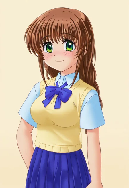 score_9, score_8_up, score_7_up, score_6_up, source_anime,anime screencap,anime coloring, uncensored, in an apartment,
 <lora:Shiori_Sakurazaka_r1:.8>Shiori Sakurazaka, long hair, brown hair, green eyes, braid, breasts, Yellow sweater vest, school uniform, collared shirt, bow,
looking at the viewer, cowboy shot, shy smile, blush, ((kawaii)), higurashiog