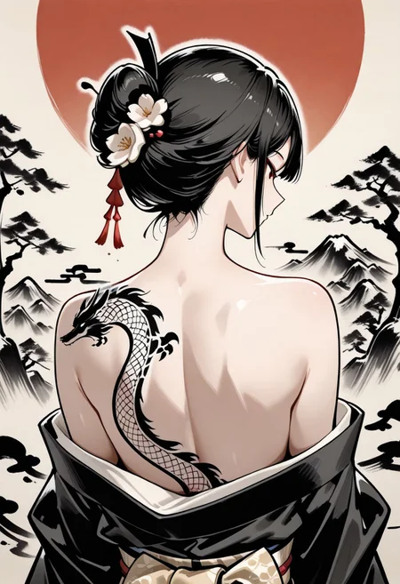 masterpiece,best quality,amazing quality,newest,absurdres,highres, newest,very awa, ,sumi-e ,ink wash painting,
from behind, upper body,
1girl, beautiful face, perfect eyes, detailed eyes,mature female,
black hair,straight hair, blunt bang,updo,
red eyes,looking at viewer, 
dragon tattoo,cherry blossom,tsumami kanzashi, ิblack kimono,kimono pull ,neck focus,
,intricate details, dark background, (painting background:1.4),(red sun),egasumi ,ink stroke, (calligraphy:1.5) ,tree