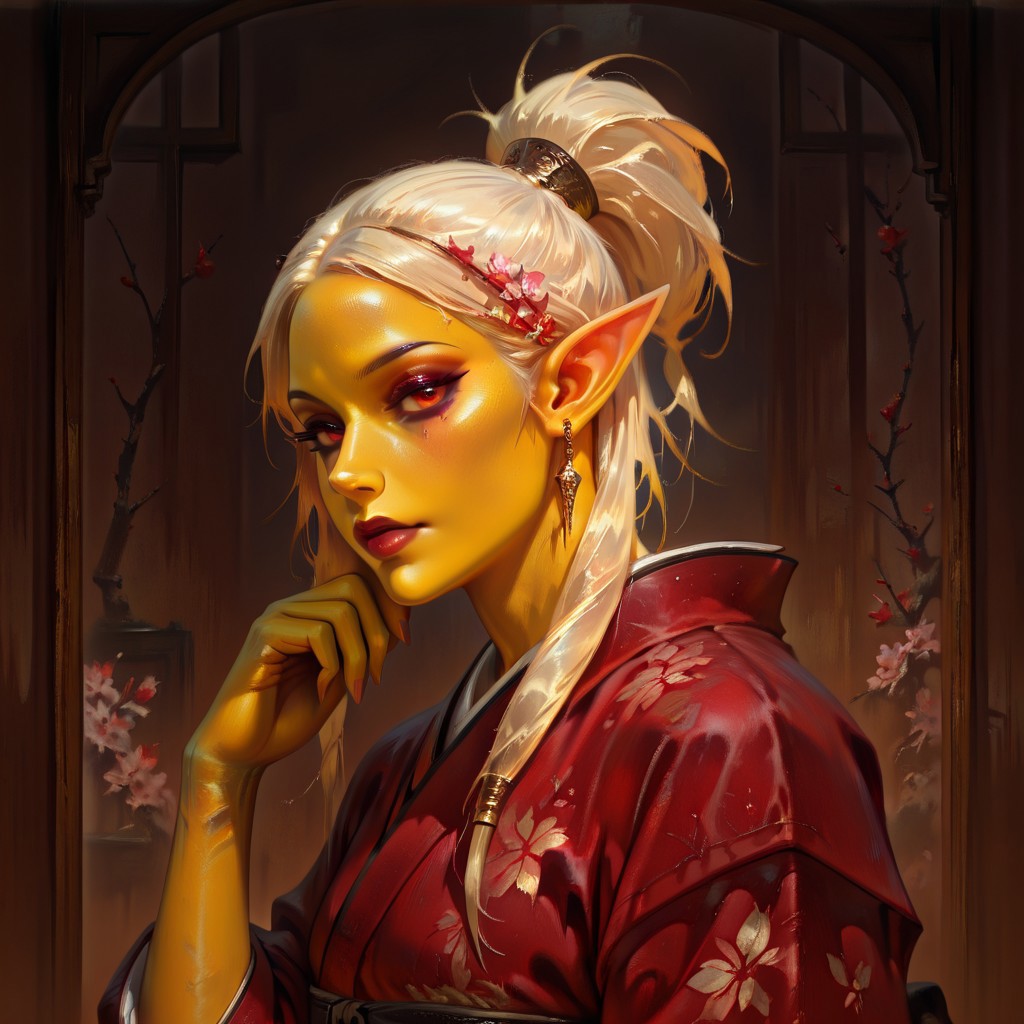 masterpiece, best quality, newest, absurdres, highres, DFOP-V3.0, oil painting, realistic, 1girl, asian, asian female, elf, elf girl, pointy ears, long hair, yellow skin, blonde hair, golden colored skin, kimono, red kimono, ponytail long ponytail, high taied ponytail, makeup, mascara,