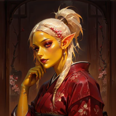 masterpiece, best quality, newest, absurdres, highres, DFOP-V3.0, oil painting, realistic, 1girl, asian, asian female, elf, elf girl, pointy ears, long hair, yellow skin, blonde hair, golden colored skin, kimono, red kimono, ponytail long ponytail, high taied ponytail, makeup, mascara,