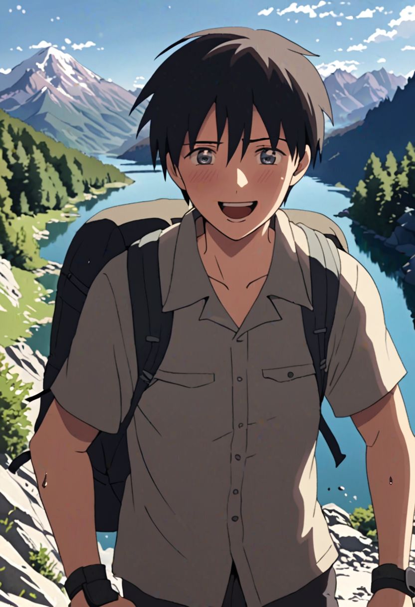 Highres, Masterpiece, High Quality, 4K, 8K, solo, 1Boy, Takaki Toono, adult, black hair, short hair, hiking gear, mountains, lakes, hiking trails, hot sun, hot weather, cool breeze, excited, stepping, happy, amazed, sweat drops, trees, rocks, easynegative, detailed_eye_model