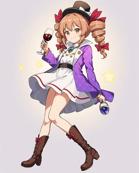 yorigami jo'on,1girl, solo, ring, smile, boots, brown_footwear, white_background, looking_at_viewer, ribbon, twin_drills, top_hat, high_heels, white_dress, bangle, simple_background, wine_glass, alcohol, red_bow, hair_bow, holding_cup, purple_jacket, purple_coat, ass, full_body, closed_mouth, black_headwear, high_collar
<lora:yorigami_jo'on_image1462_2023-12-20-000014:1>,star-shaped_pupils,symbol-shaped_pupils,. gorgeous,key visual, vibrant, studio anime,award-winning, professional, highly detailed,high budget, cinemascope