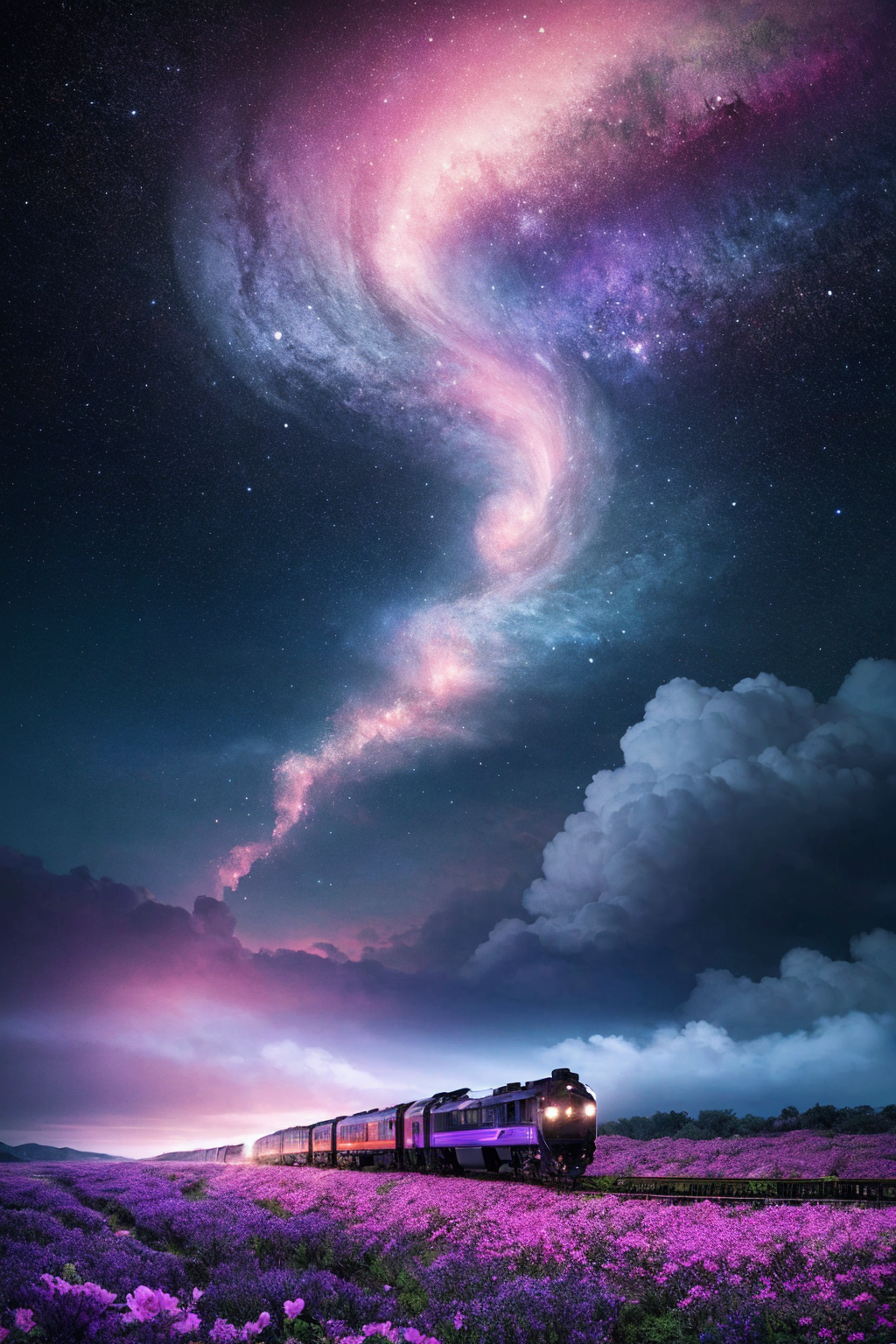 Hyperrealistic train detailed with blooming flowers, ethereal cloud animals with shimmering outlines, passengers gazing in awe, vast sky with swirling galaxies, cosmic colors (purples, blues, pinks), dramatic lighting, mystical atmosphere,