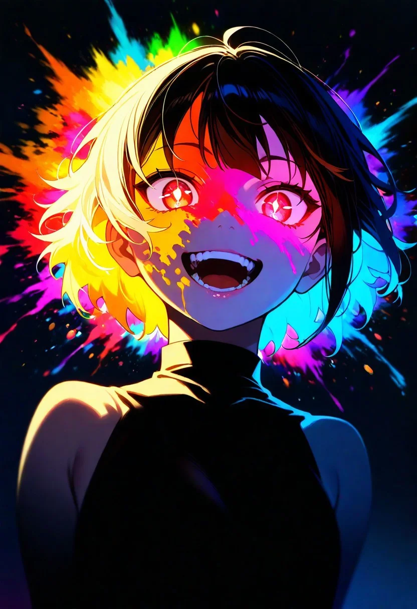 score_9, score_8_up, score_7_up, score_6_up, 1girl, Megumin, bare shoulders, teeth, lips, thin lips, narrow mouth, solo, looking at viewer, glowing eyes, open mouth, upper body, from below, back lighting, dark, multicolored background, blurred background, small colorful candies falling from the ceiling, some blurred, colorful, explosion of colors, masterpiece, best quality, colorful, bright, pleasing to the eye, grin, greed on his face, his tongue sticking out, a little steam from the mouth, bright, multicolored, bright colors of paint, masterpiece, best quality, amazing quality, very aesthetic, absurdres, lots of multicolored rainbow light, focus on the face, lots of soft light, soft colors