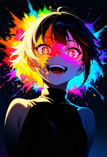 score_9, score_8_up, score_7_up, score_6_up, 1girl, Megumin, bare shoulders, teeth, lips, thin lips, narrow mouth, solo, looking at viewer, glowing eyes, open mouth, upper body, from below, back lighting, dark, multicolored background, blurred background, small colorful candies falling from the ceiling, some blurred, colorful, explosion of colors, masterpiece, best quality, colorful, bright, pleasing to the eye, grin, greed on his face, his tongue sticking out, a little steam from the mouth, bright, multicolored, bright colors of paint, masterpiece, best quality, amazing quality, very aesthetic, absurdres, lots of multicolored rainbow light, focus on the face, lots of soft light, soft colors