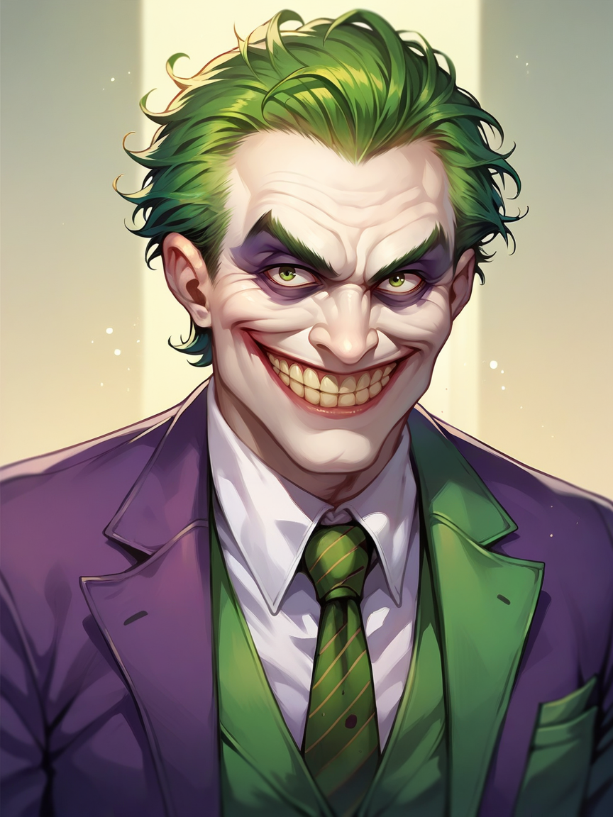 score_9, score_8_up, score_7_up, score_6_up, score_5_up,  <lora:thejokerXLP:0.7> the joker, 1boy, solo, green hair, suit, smile, formal, necktie, gloves, green eyes,