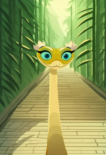 kfp2d, solo, 1girl, viperkfp, score_9, score_8_up, score_7_up, score_6_up, score_5_up, score_4_up, source_furry, hi res, sfw. 2D artwork.
snake, 1girl, solo, solo focus, furry, solo, blue eyes, animal focus, furry female, feral.
smile, looking at viewer, holding an object, fan, holding a fan with her tail, full body.
outdoors, forest, bamboo.