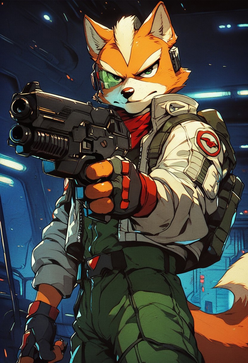 score_9, score_8, score_7, score_6, 1boy, solo, knva, halftone effect, science fiction, Fox mccloud, anthro furry, furry male, spaceship, dynamic pose, (((gun, sci-fi gun)))